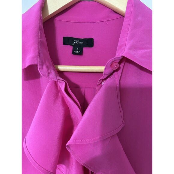J. Crew Ruffle Front 100% Silk Button Blouse Pink Magenta Size 4 - Picture 2 of 6
